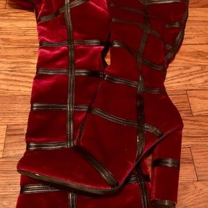 Women’s Crushed Velvet Wine & Black Heeled Boots
